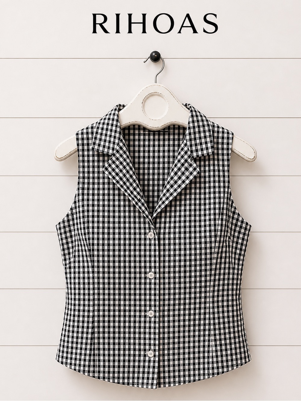 RIHOAS Black & White Gingham Sleeveless Button Top L